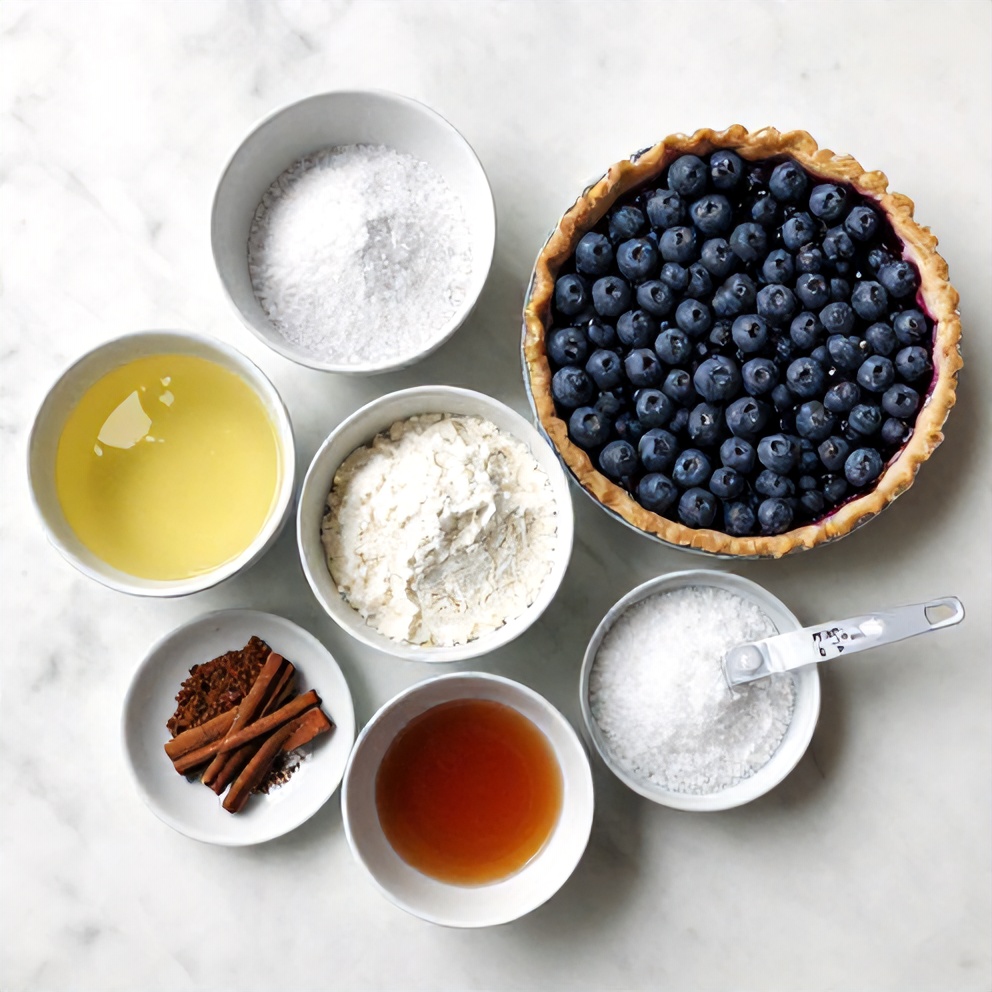 Raw ingredients for blueberry pie on marble surface