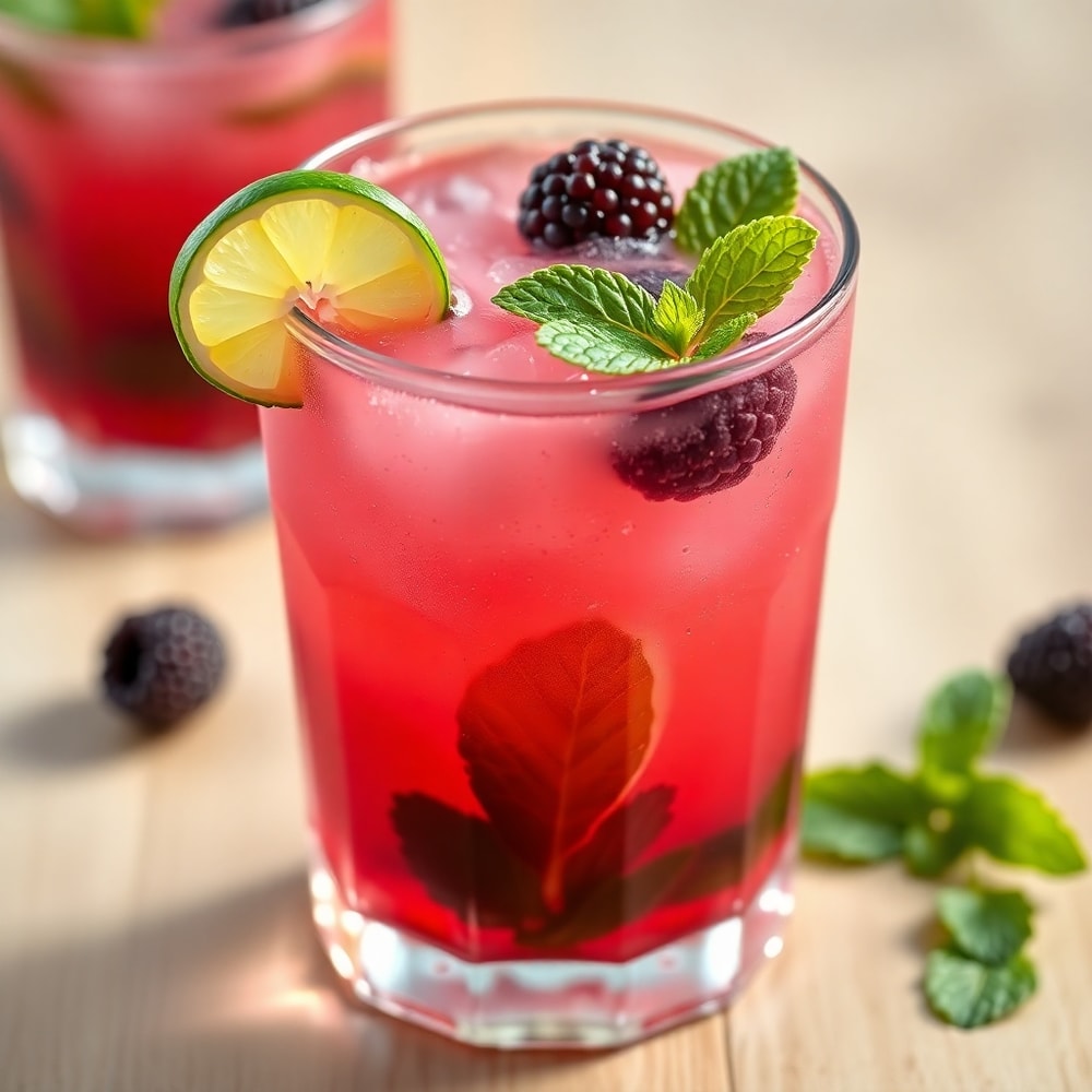 A glass of homemade Blackberry Coconut Pink Drink