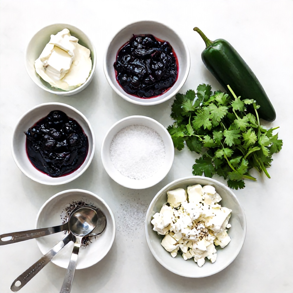 Raw ingredients for Blackberry Jalapeño Cowboy Caviar Cheese Log on a marble surface