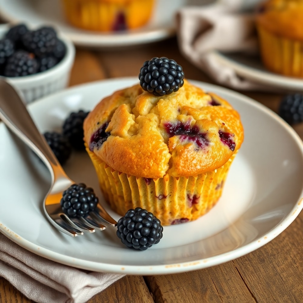 Blackberry muffins from scratch, golden and crispy, with fresh blackberries on top, served on a rustic wooden table