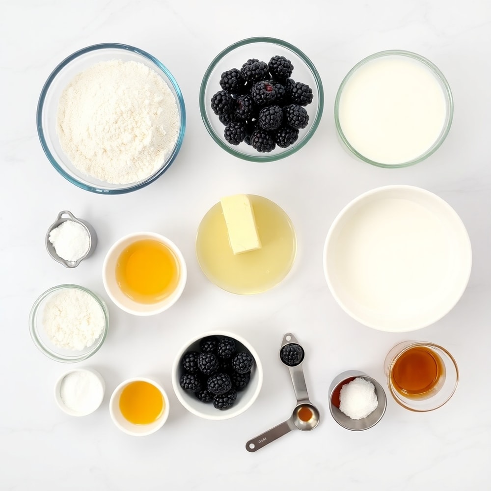 Blackberry muffins ingredients: flour, sugar, butter, eggs, milk, blackberries, baking powder, salt, vanilla extract