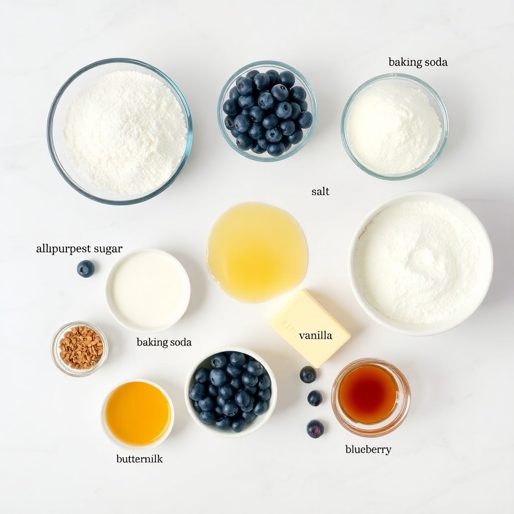 Raw ingredients for blueberry cake donuts on a marble surface
