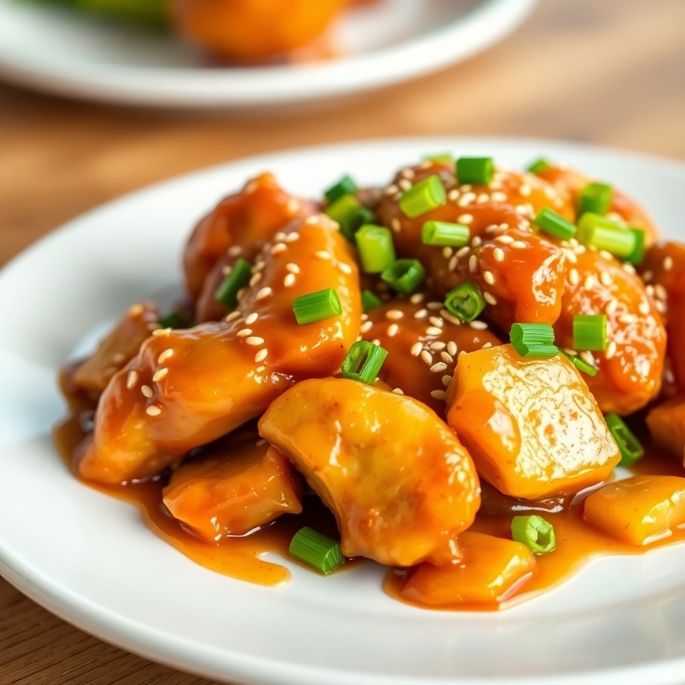 Plated Brown Sugar Pineapple Chicken with green onions on a white plate