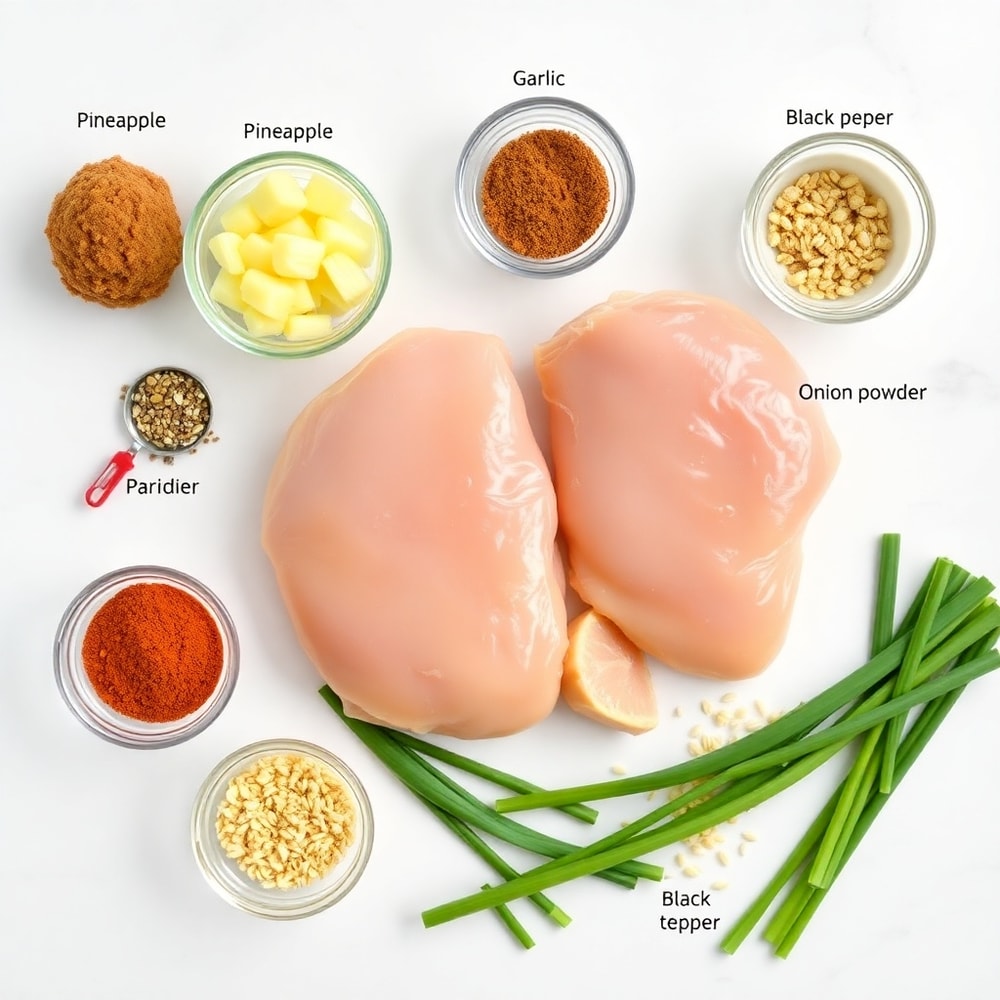 Raw ingredients for Brown Sugar Pineapple Chicken on a white marble surface