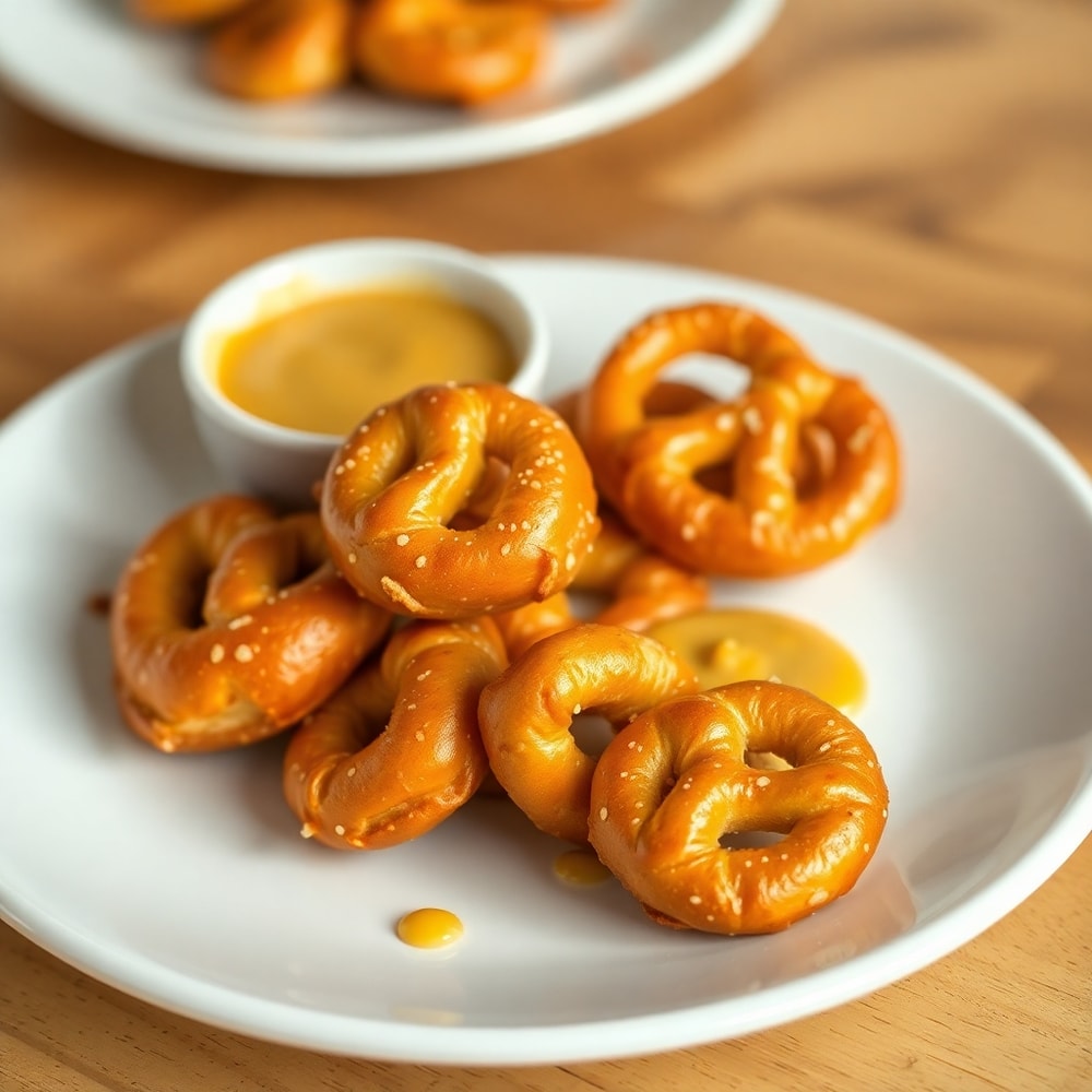 Pretzel bites on a plate with mustard for dipping