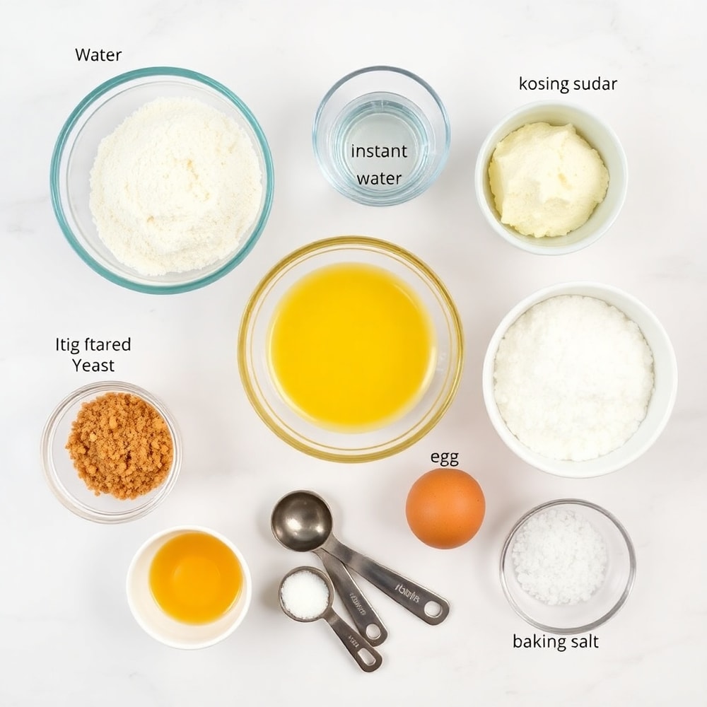 Ingredients for soft pretzel bites on a marble counter