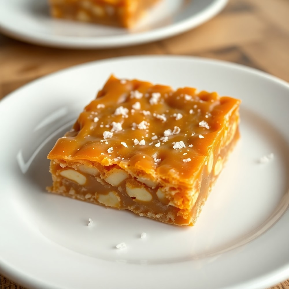 Caramel crush bars on a white plate with a sprinkle of sea salt