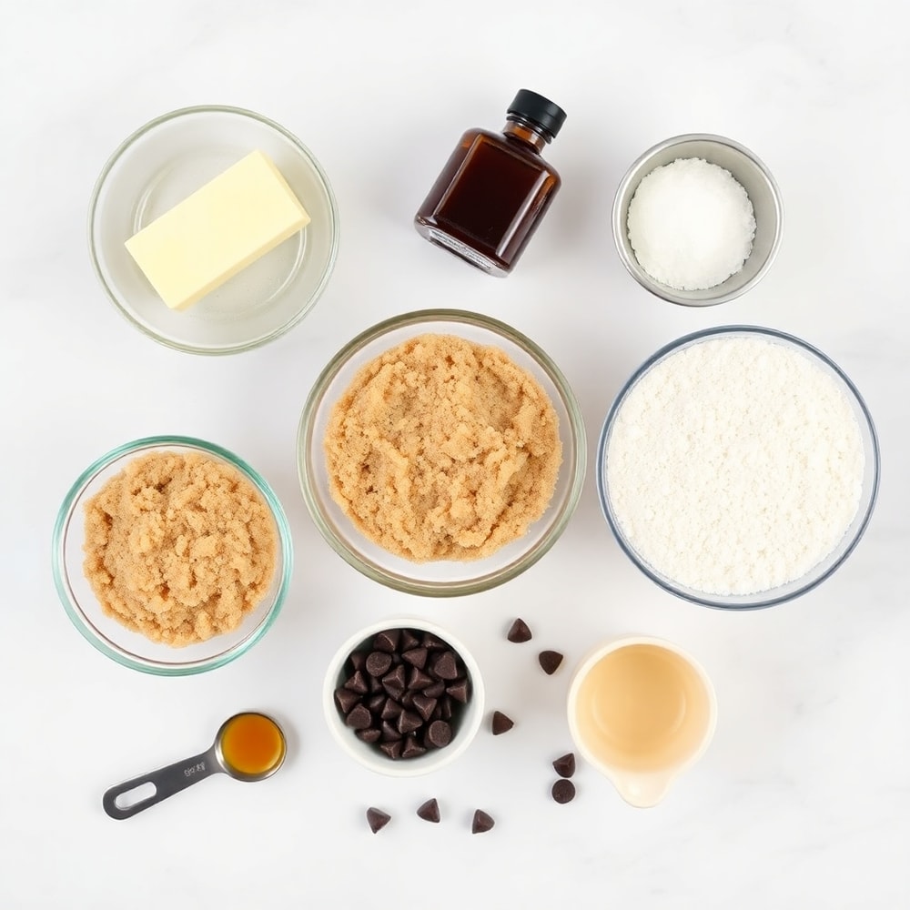 Raw ingredients for caramel crush bars on a white marble surface