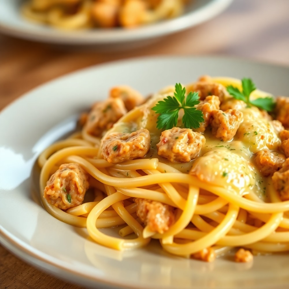 Plated Cheesy Chicken and Sausage Pasta with parsley garnish, close crop, warm side lighting