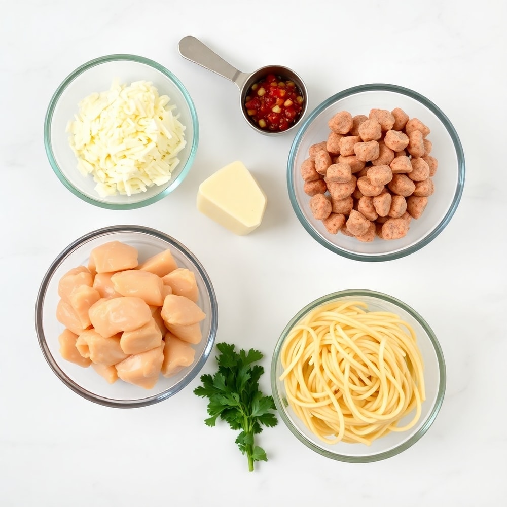 Raw ingredients for Cheesy Chicken and Sausage Pasta on marble surface, bright even light