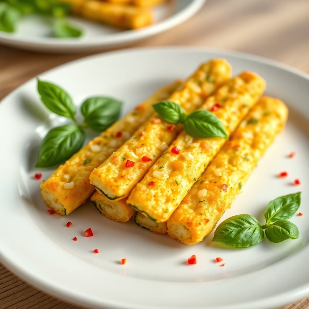 Plated cheesy zucchini breadsticks with fresh basil