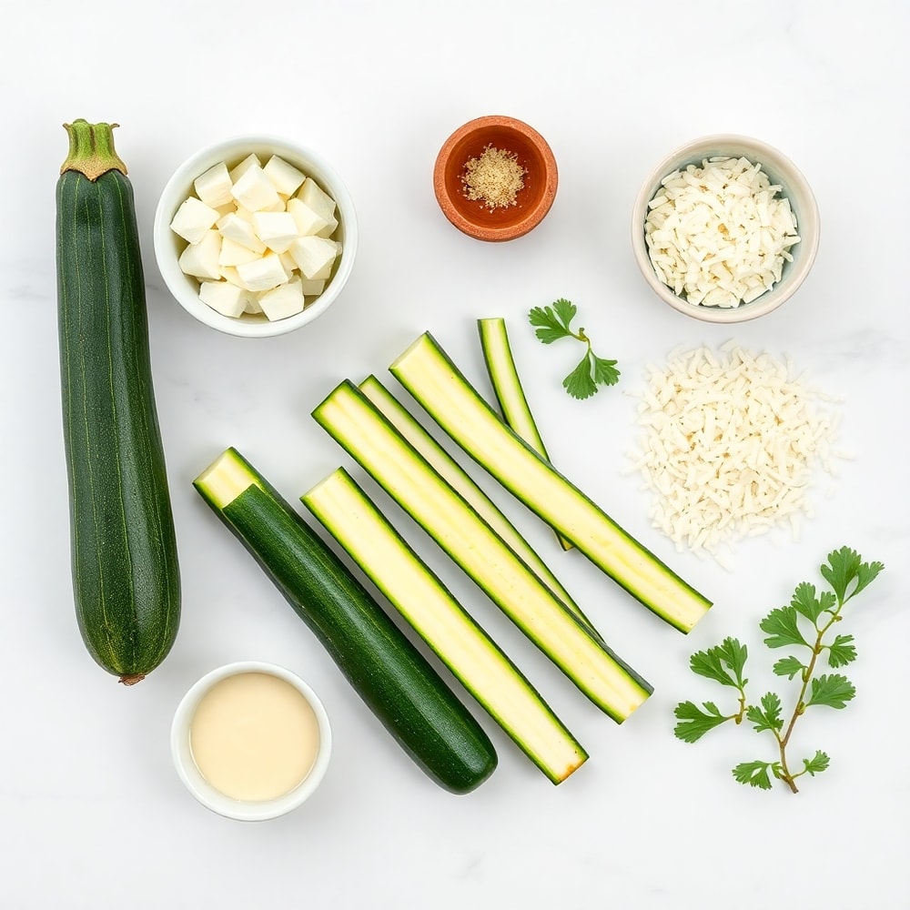 Raw zucchini, garlic, parmesan, and other ingredients for cheesy zucchini breadsticks