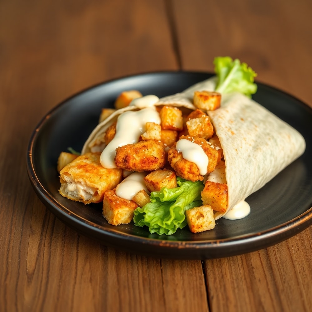 Close-up of a crispy chicken Caesar wrap on a plate