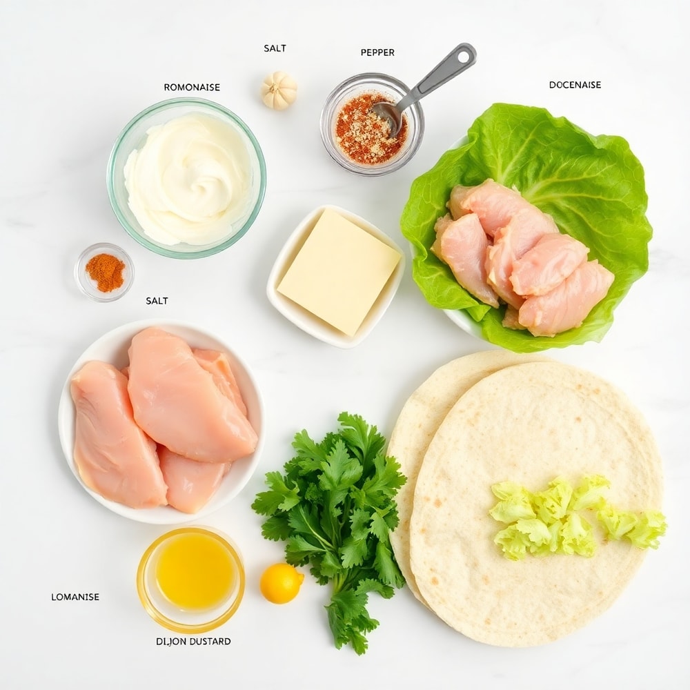 Raw ingredients for chicken Caesar wraps on a marble surface