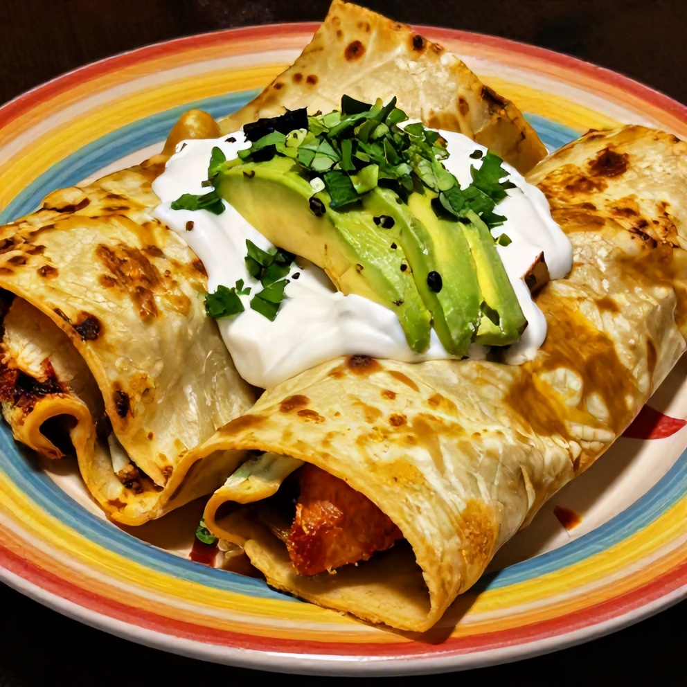 Plated Chicken Enchiladas with avocado, sour cream, and cilantro, served on a colorful plate