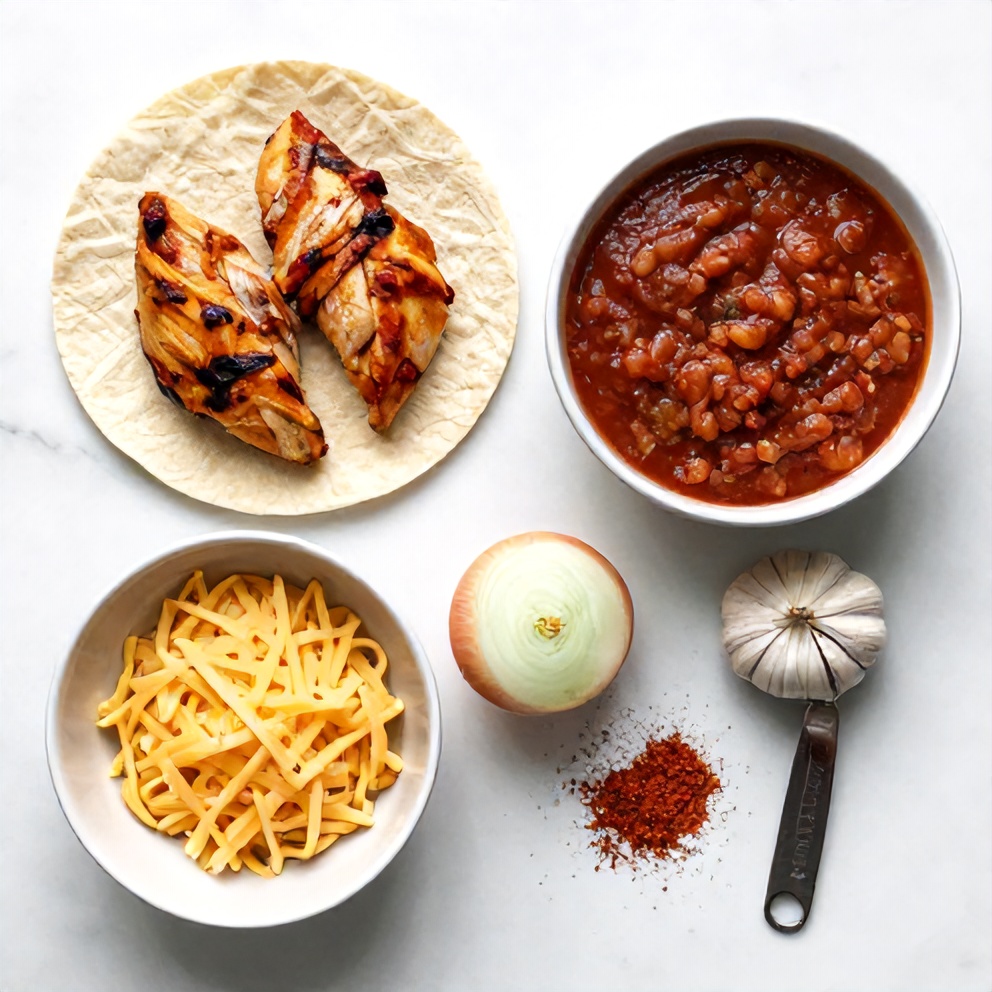 Raw ingredients for Chicken Enchiladas: chicken breasts, tortillas, enchilada sauce, cheese, onion, garlic, and spices