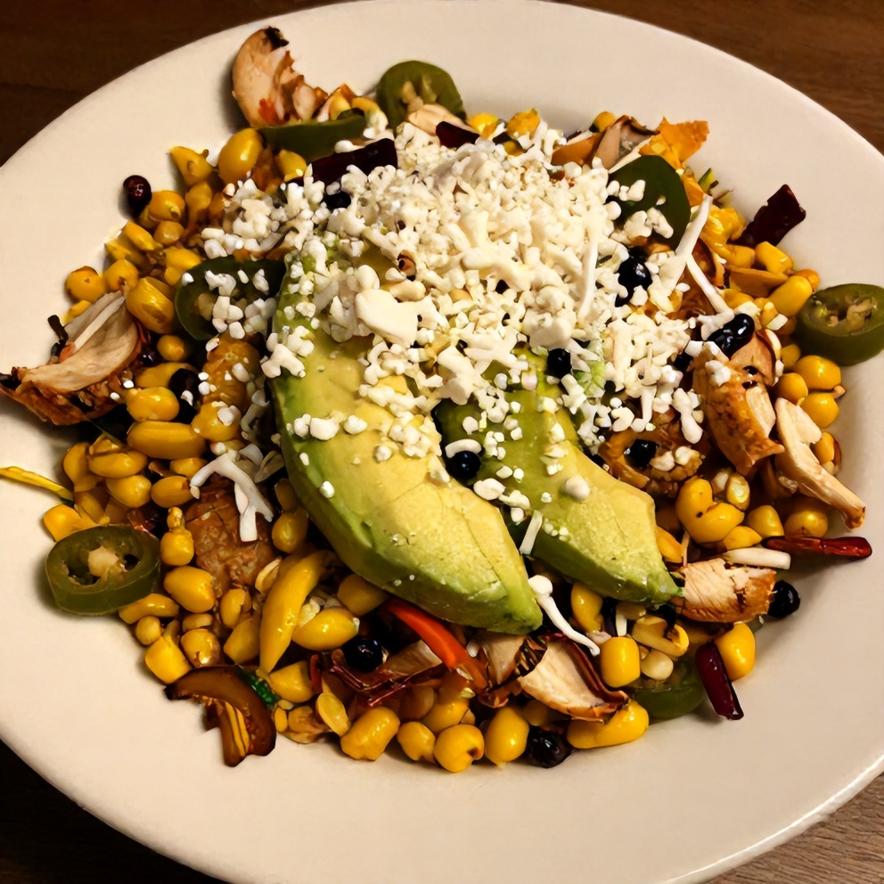 Plated chicken street corn salad with lime dressing
