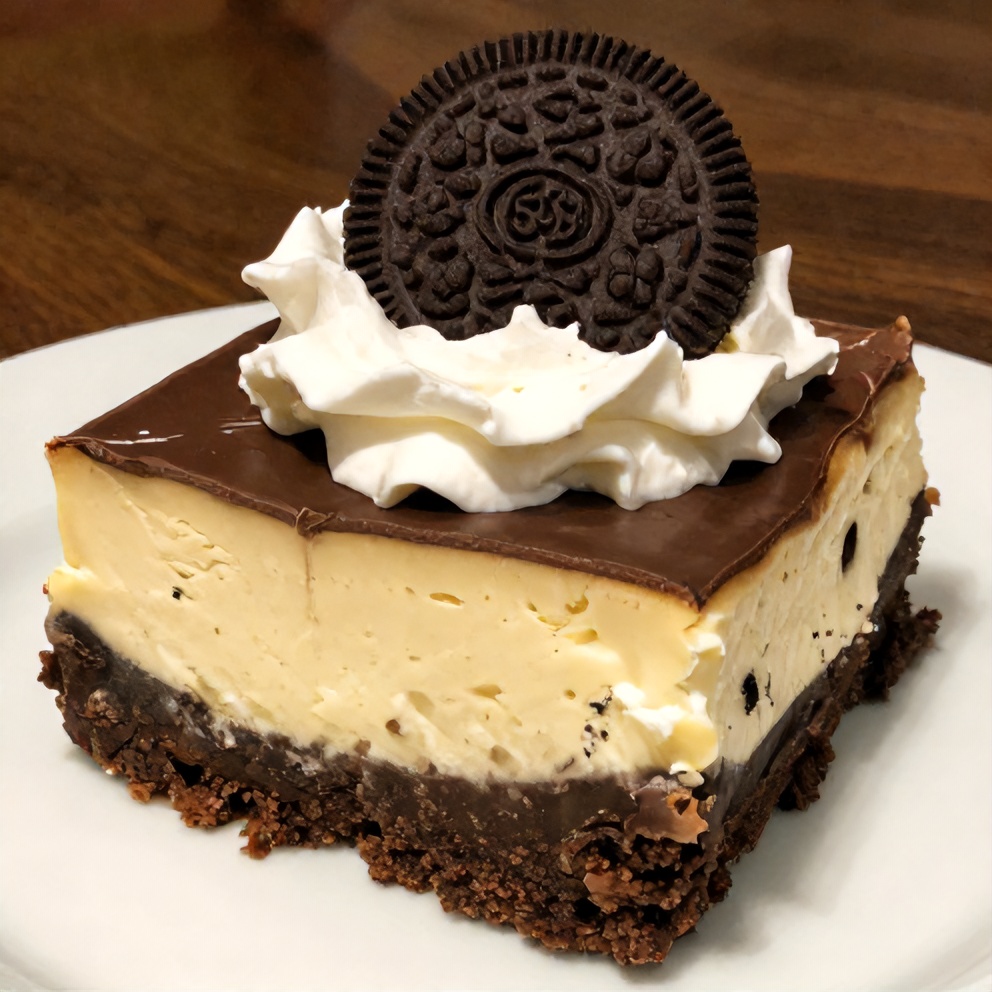 Plated serving of Chocolate Oreo Cheesecake Brownie Trifle with a dollop of whipped cream and a whole Oreo on top