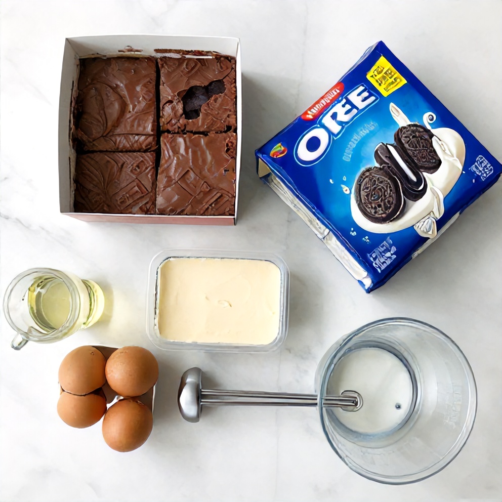 Raw ingredients for Chocolate Oreo Cheesecake Brownie Trifle including Oreos, cream cheese, and brownie mix