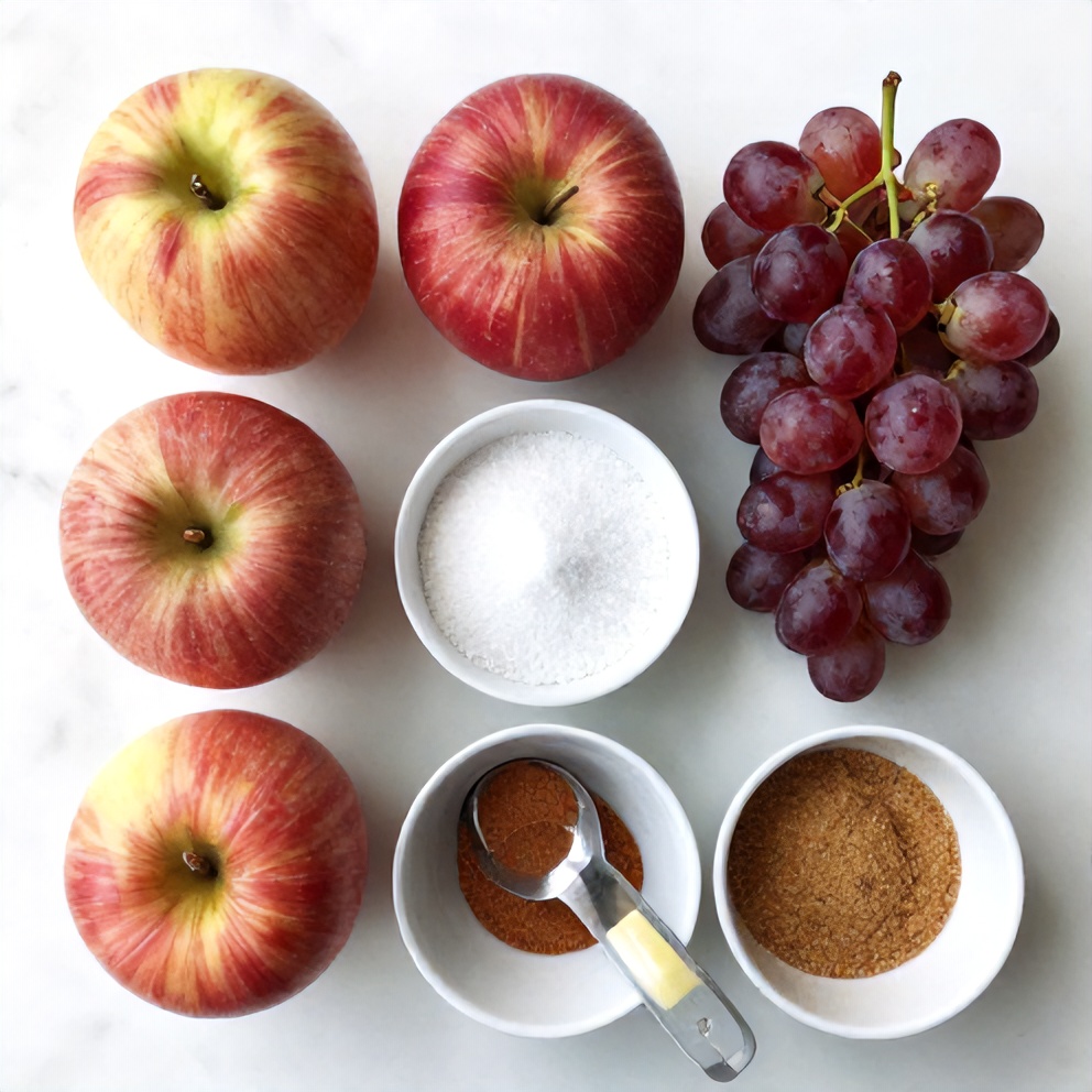 Raw ingredients for Cinnamon Apple Grape Salad including apples, grapes, cinnamon, and sugar