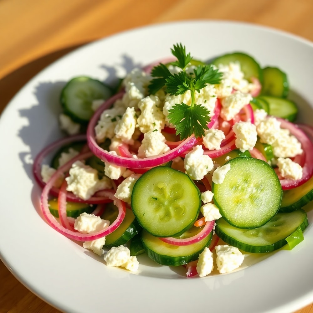 Plated serving of Classic Cucumber Feta Salad with fresh parsley