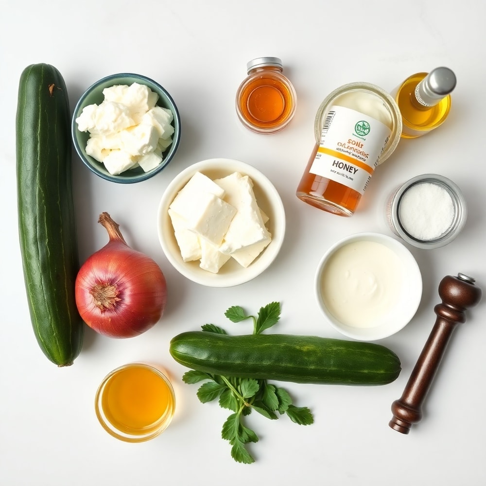 Raw ingredients for Classic Cucumber Feta Salad on a marble surface