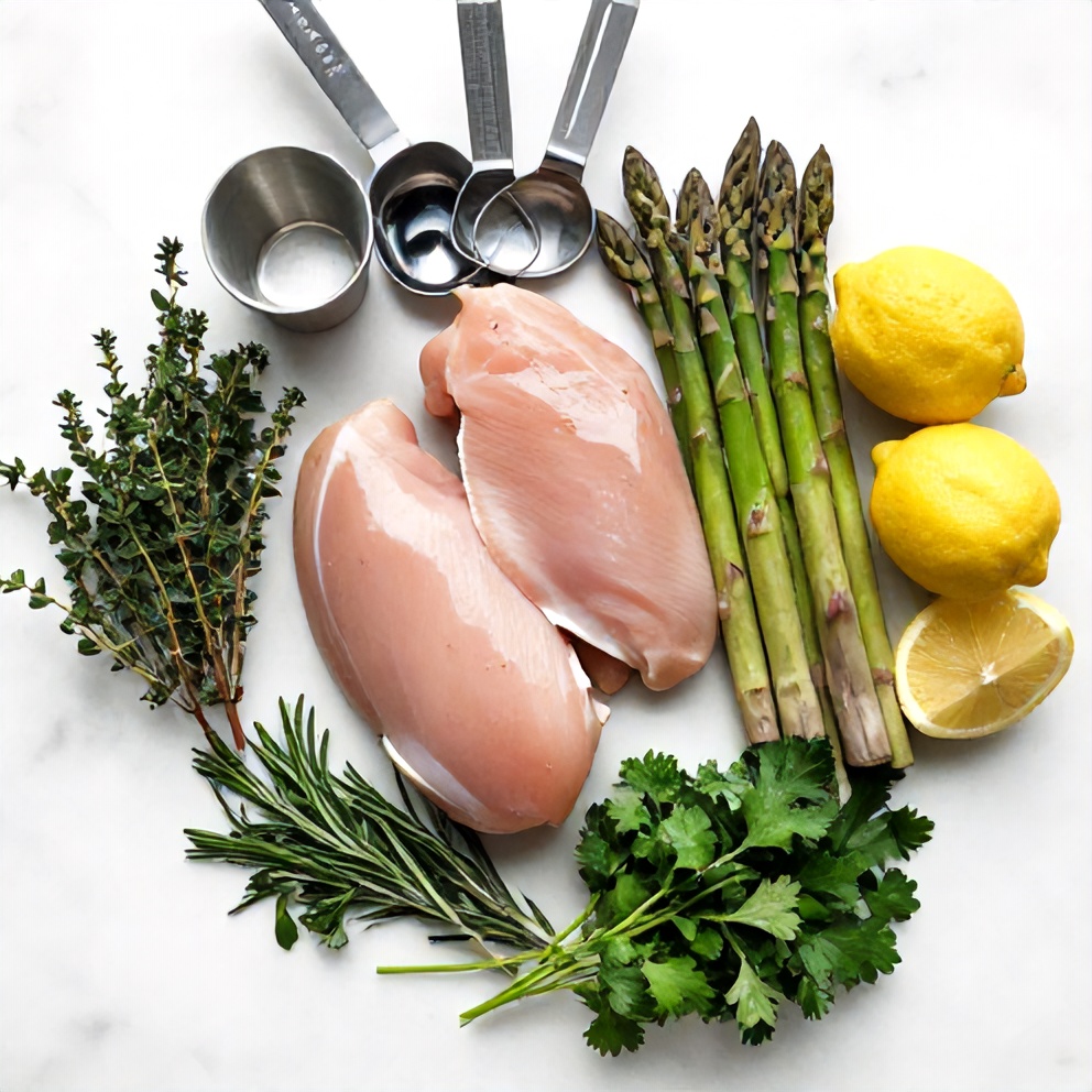 Raw Ingredients for Baked Lemon Herb Chicken with Asparagus