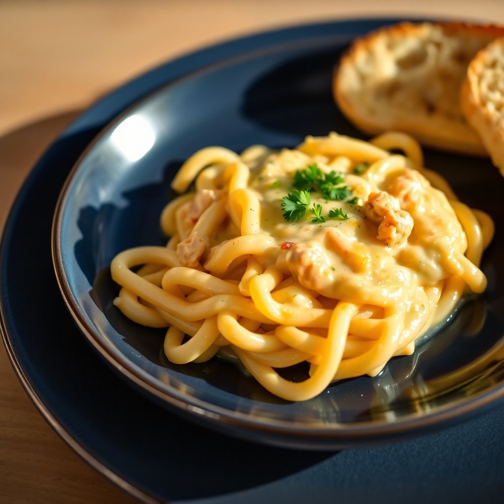 Plated Crack Chicken Pasta with a side of garlic bread