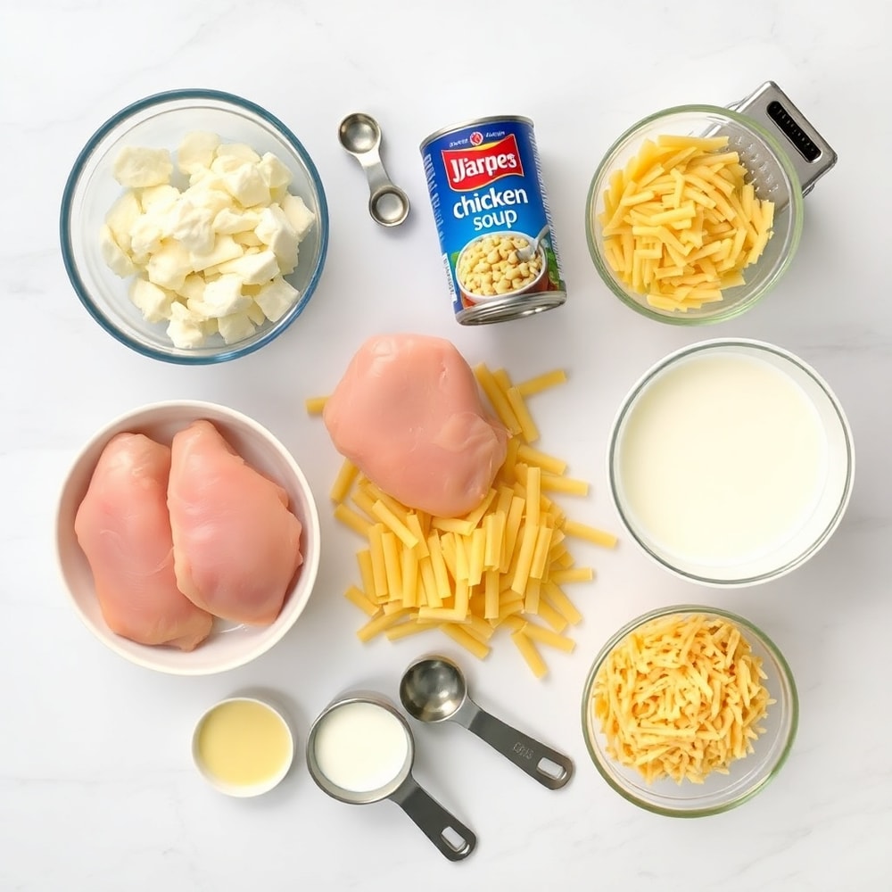 Raw ingredients for Crack Chicken Pasta including chicken, pasta, cream of chicken soup, and cheddar cheese