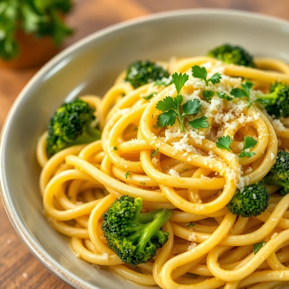 Plated Mafaldine Pasta Limone with Broccoli