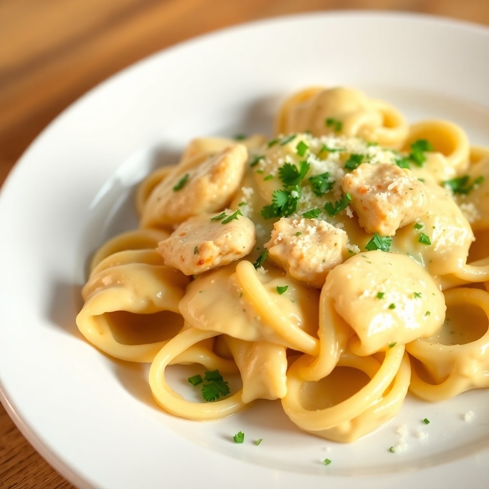 Plated Mozzarella Garlic Butter Chicken Bowties