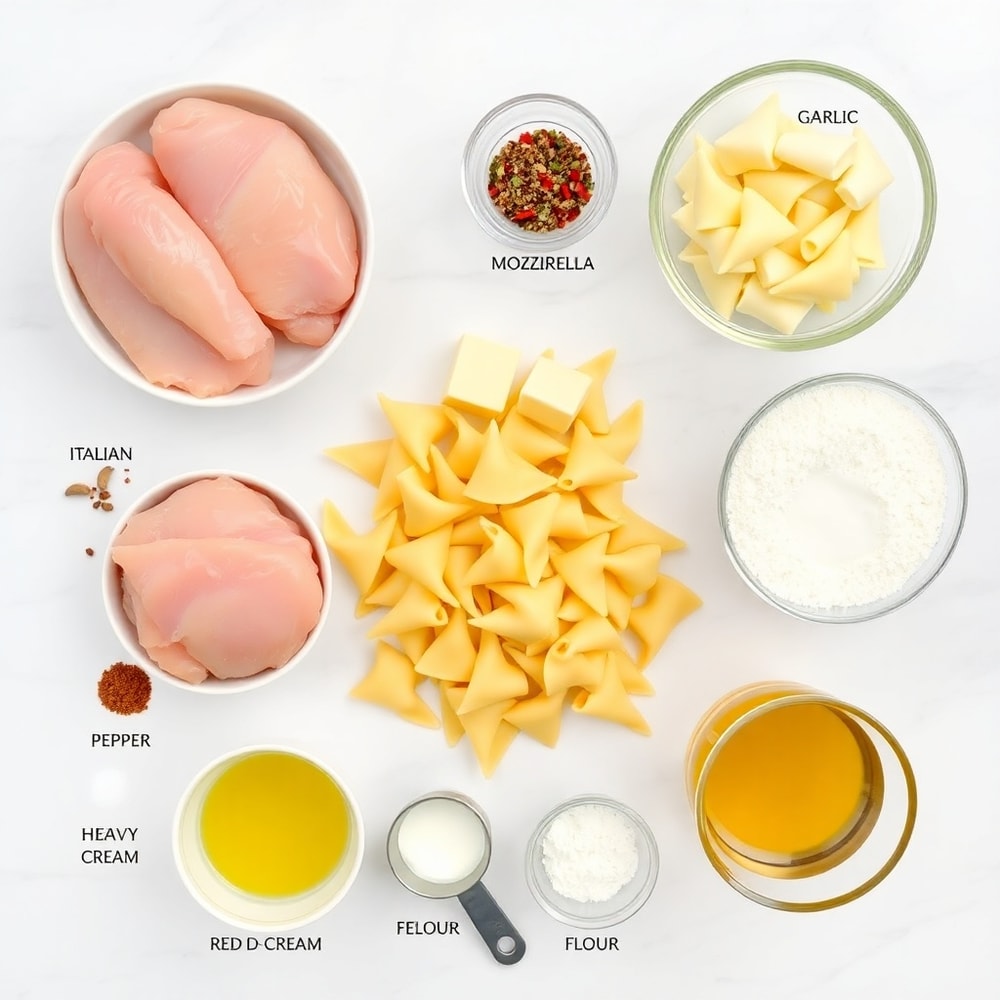 Raw Ingredients for Mozzarella Garlic Butter Chicken Bowties