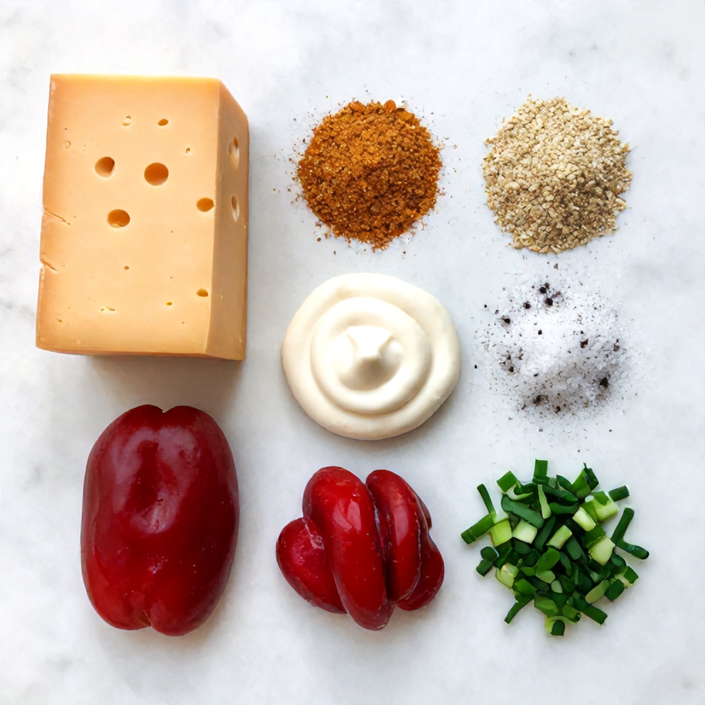 Raw ingredients for Pimento Cheese arranged on a marble surface