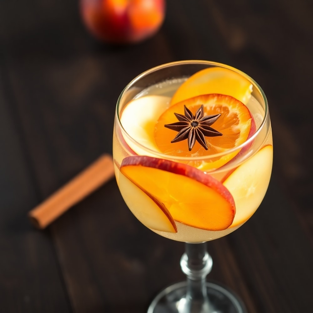 Glass of White Sangria with fruit garnish