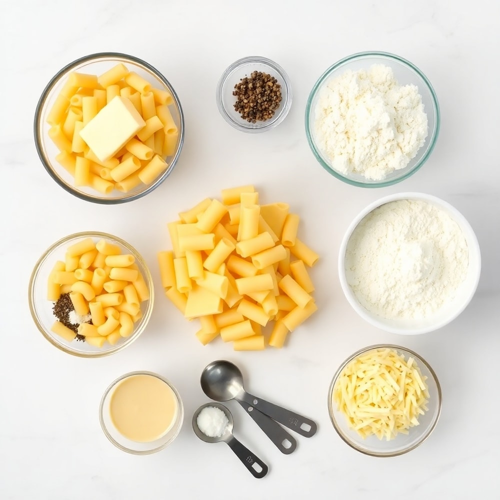 Raw Ingredients for Creamy Baked Macaroni and Cheese