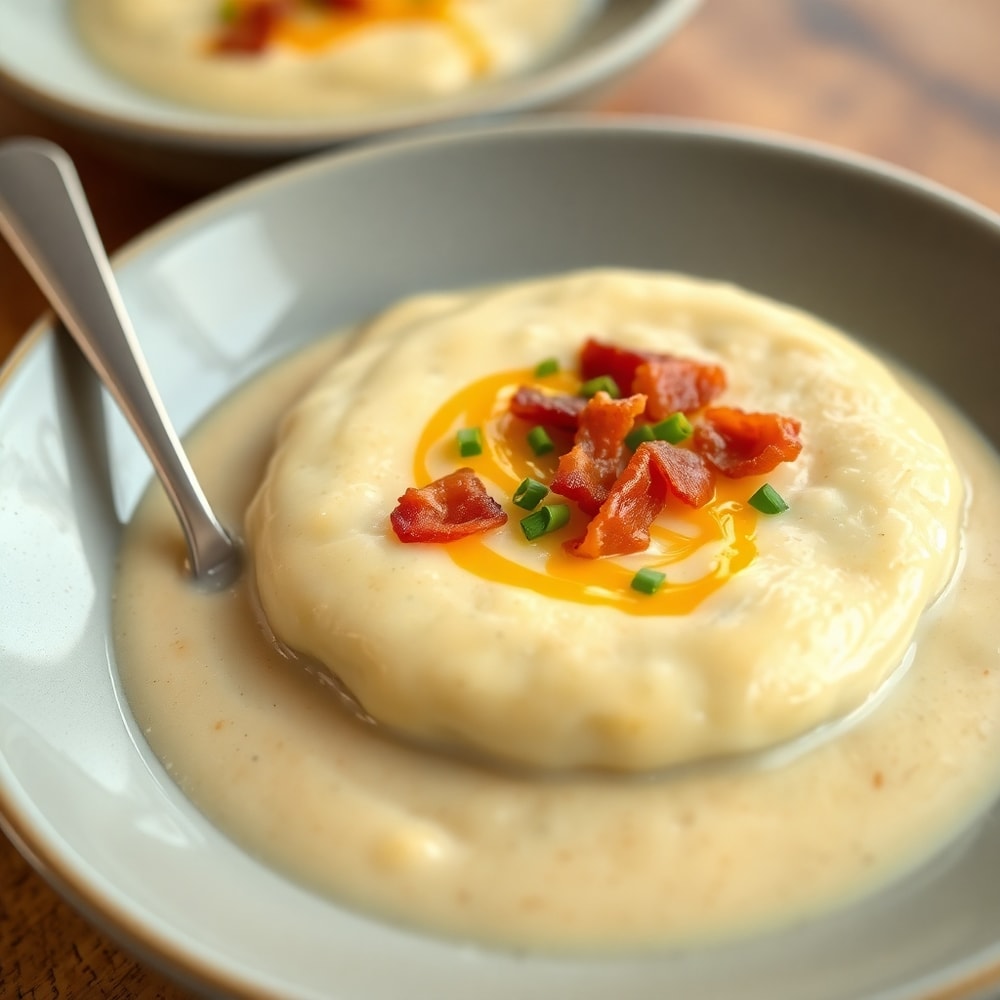Bowl of Creamy Baked Potato Soup with Bacon and Chives