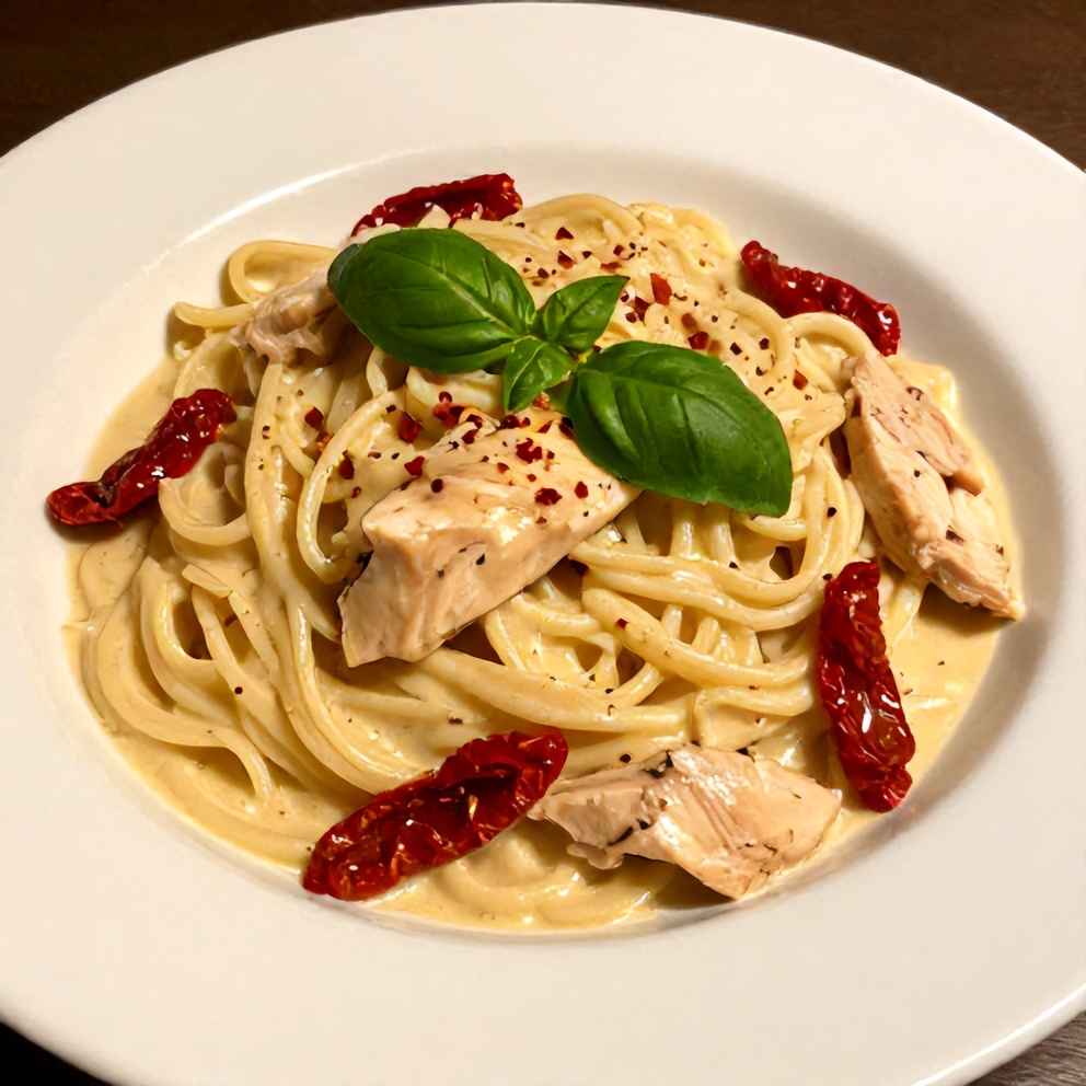 Plated Creamy Chicken Pasta with Sun-Dried Tomatoes
