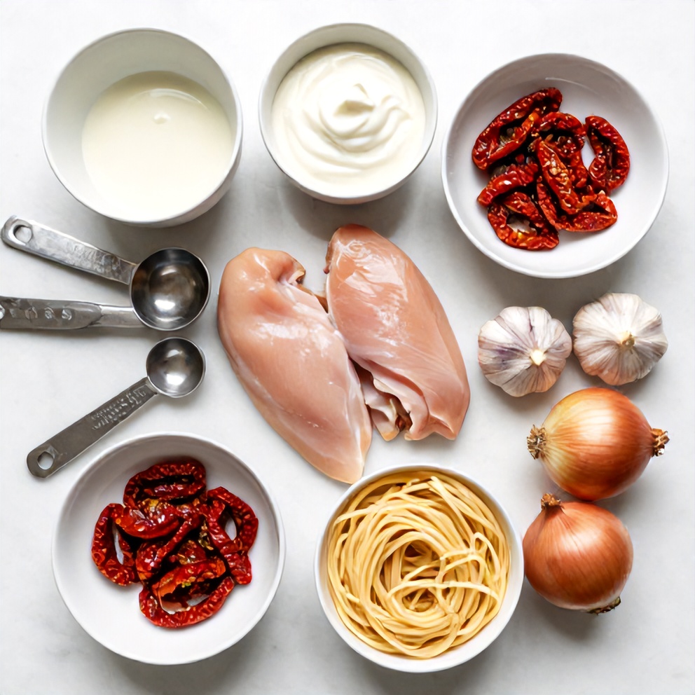 Raw Ingredients for Creamy Chicken Pasta with Sun-Dried Tomatoes