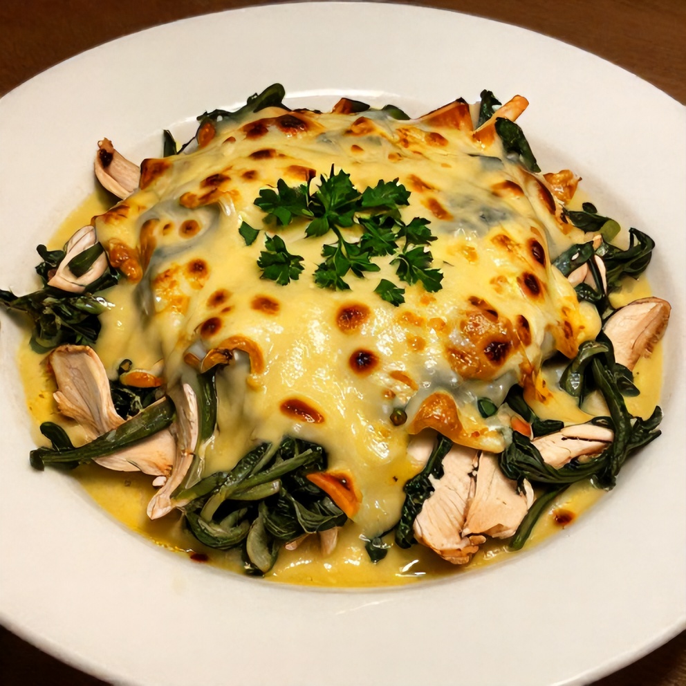 One perfect plated serving of Creamy Chicken Spinach Mushroom Bake on a white plate, garnished with fresh parsley, close crop, warm side lighting showing melted cheese and tender chicken, photorealistic food photography