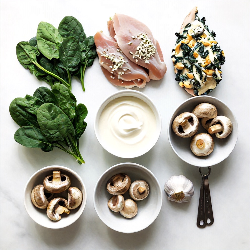 Raw ingredients for Creamy Chicken Spinach Mushroom Bake arranged in an overhead flat lay, including chicken breasts, spinach, mushrooms, heavy cream, and garlic, small prep bowls and measuring spoons visible, white marble surface, bright even natural light