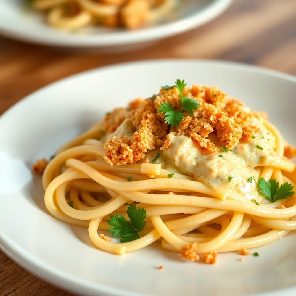 Plated Creamy Crack Chicken Pasta with parsley garnish