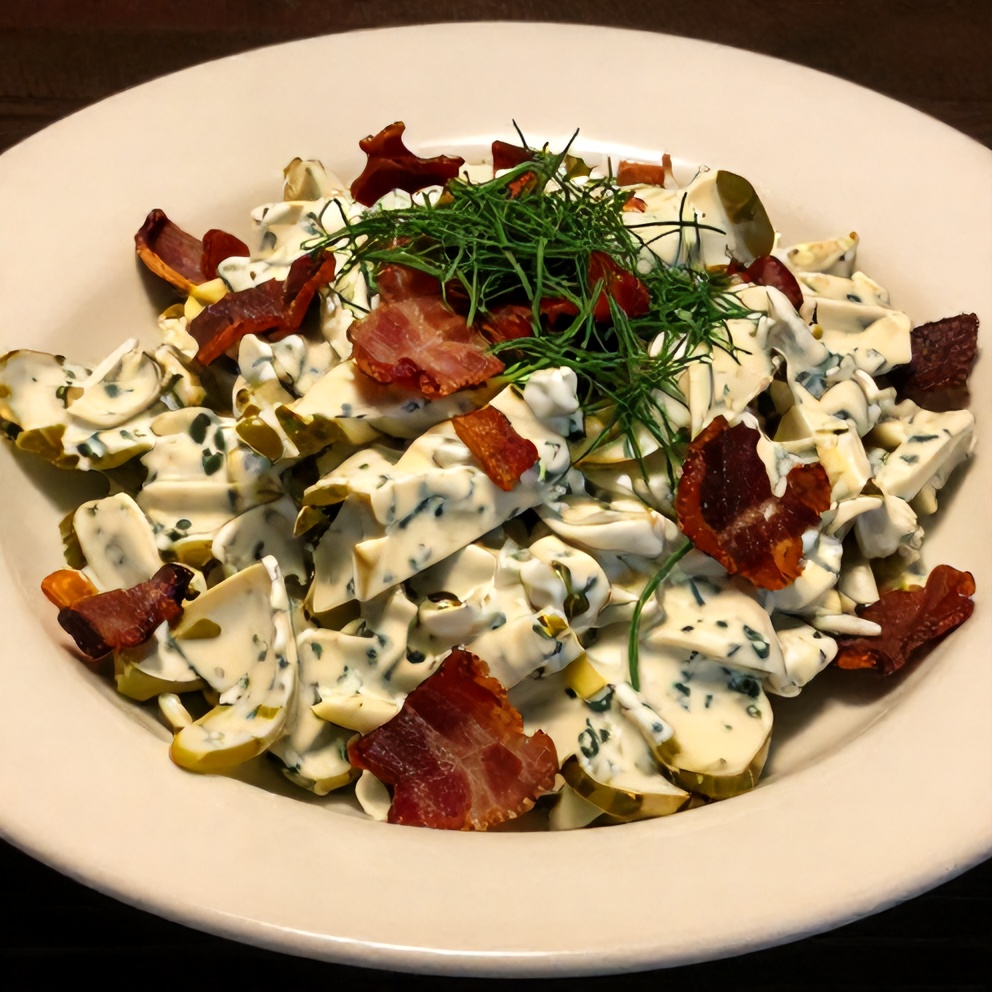 Plated creamy dill pickle chopped salad with crispy bacon and fresh dill