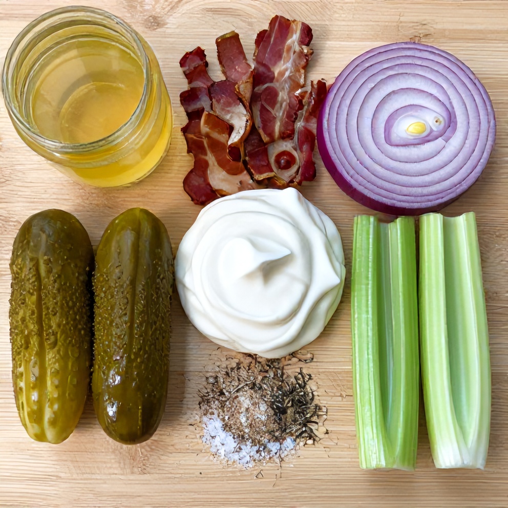 Ingredients for creamy dill pickle chopped salad laid out on a wooden surface