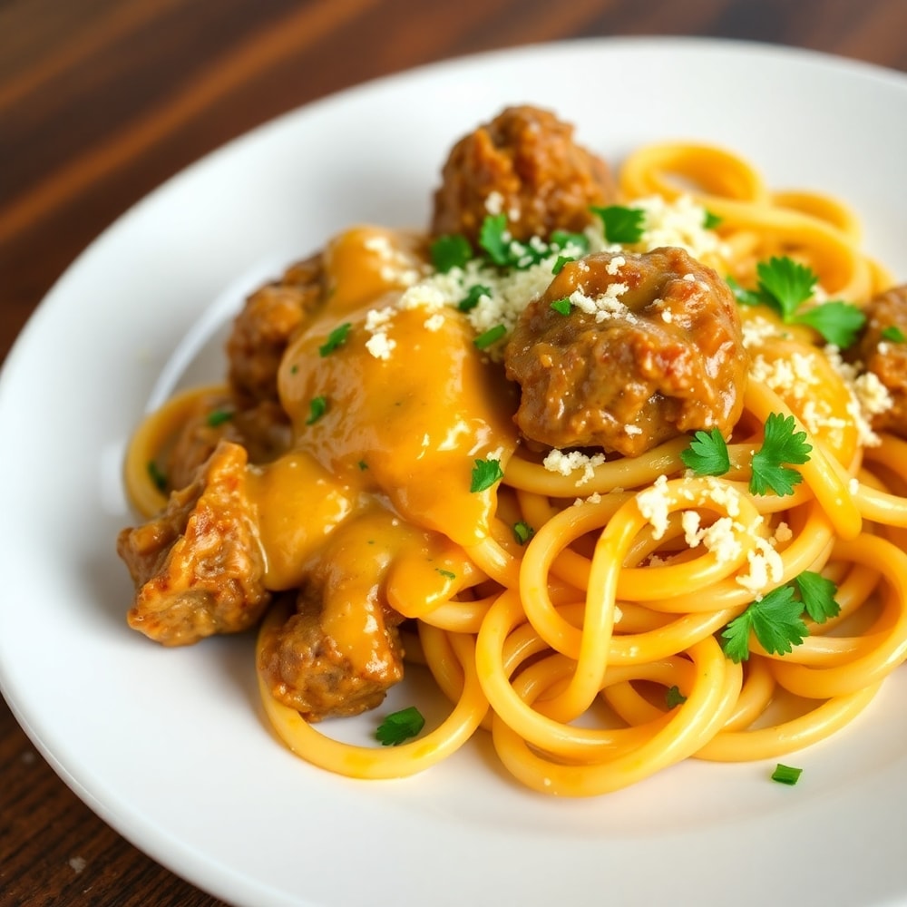 Plated Creamy Garlic Butter Steak Bites with Spicy Cajun Alfredo Twisted Pasta