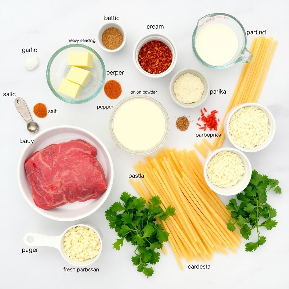 Raw ingredients for Creamy Garlic Butter Steak Bites with Spicy Cajun Alfredo Twisted Pasta