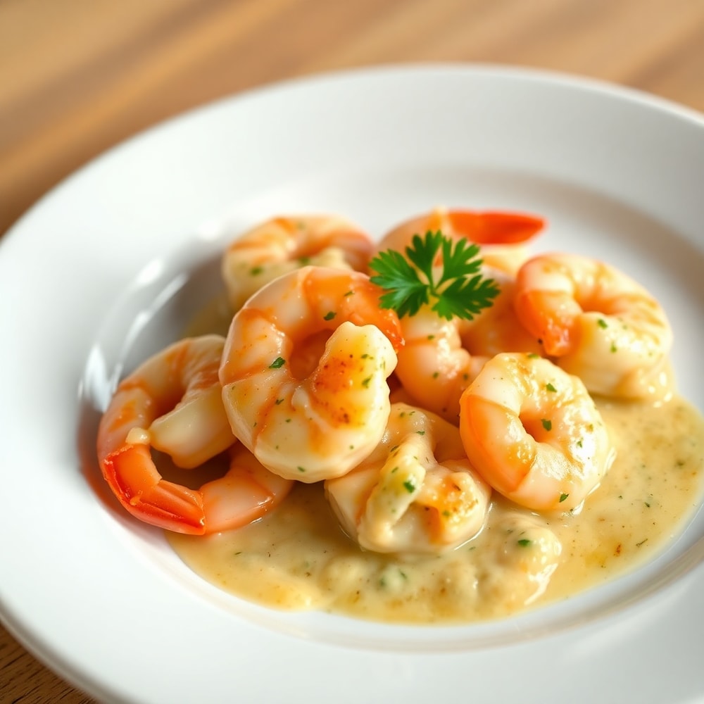 Plated Creamy Garlic Shrimp with parsley garnish on a white plate