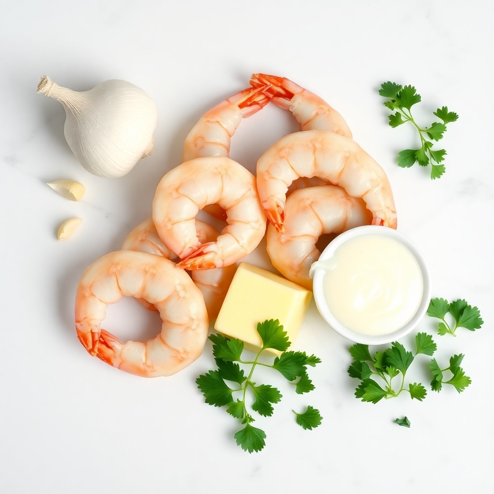 Raw shrimp, garlic, butter, heavy cream, and parsley arranged on a white marble surface