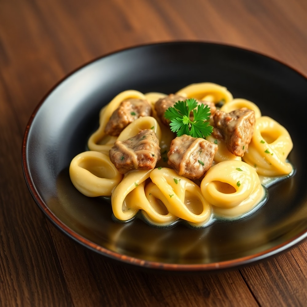 Plated creamy garlic steak tortellini with parsley garnish