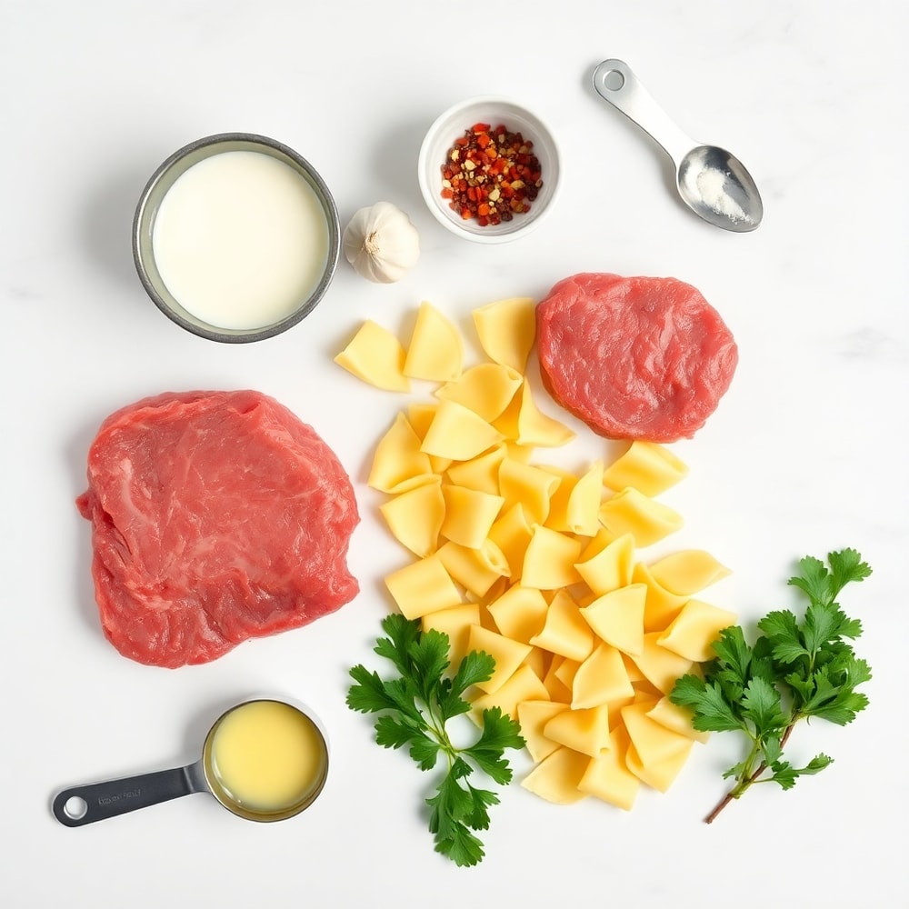 Raw ingredients for creamy garlic steak tortellini