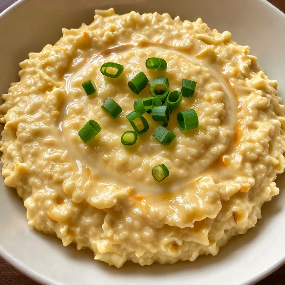 One perfect serving of creamy Gouda Grits plated, with a side of Mediterranean Orzo Salad, warm natural light, on a light wooden surface.